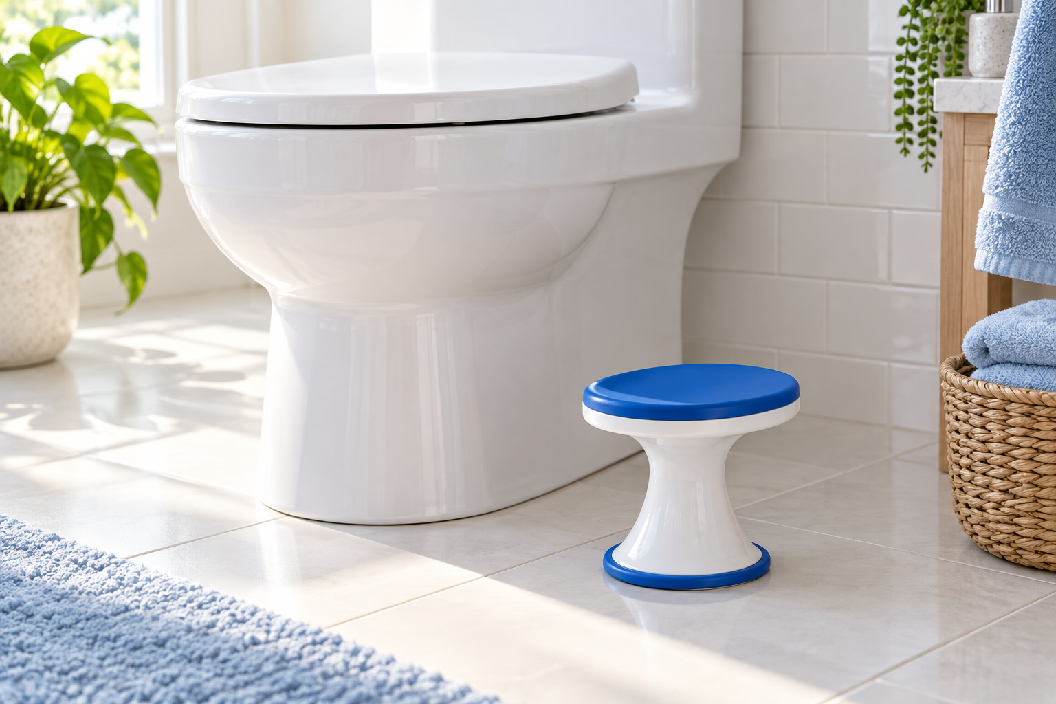 Master Blaster product concept beside a white toilet in a bright bathroom