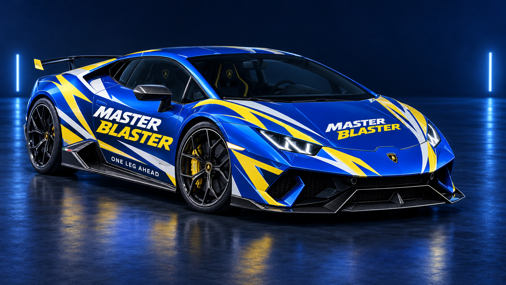 AI-generated concept of a Lamborghini with a blue-and-yellow Master Blaster wrap